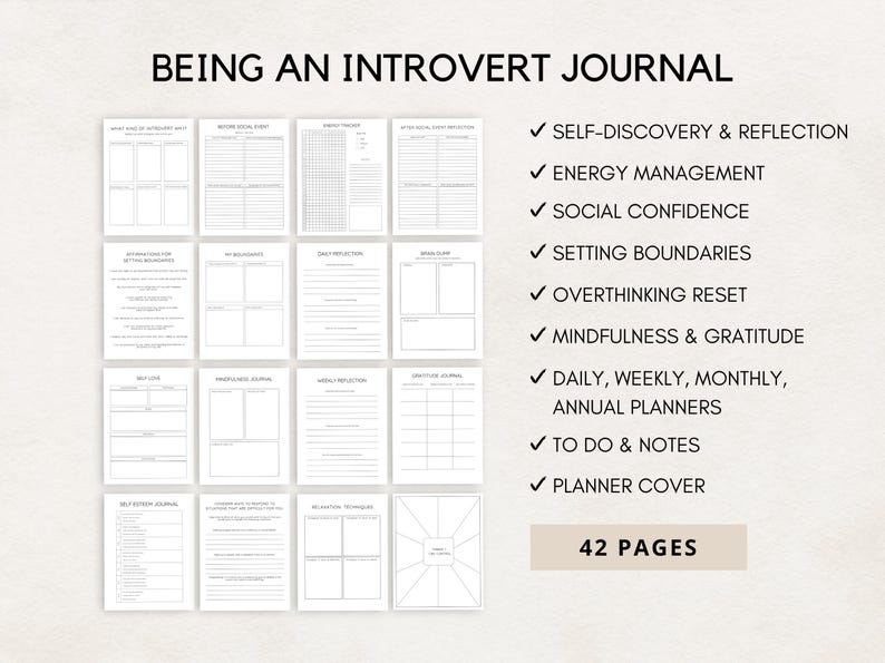 Embrace your introverted nature with this Introvert Journal Printable. This thoughtfully designed journal is perfect for introverts looking to reflect on their experiences, manage their energy, and practice self-care in a way that honors their personality.