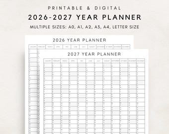 Puede incluir: Un planificador anual imprimible y digital 2026-2027, disponible en múltiples tamaños: A0, A1, A2, A3, A4 y tamaño carta. El diseño presenta un diseño de calendario con desgloses mensuales y semanales.