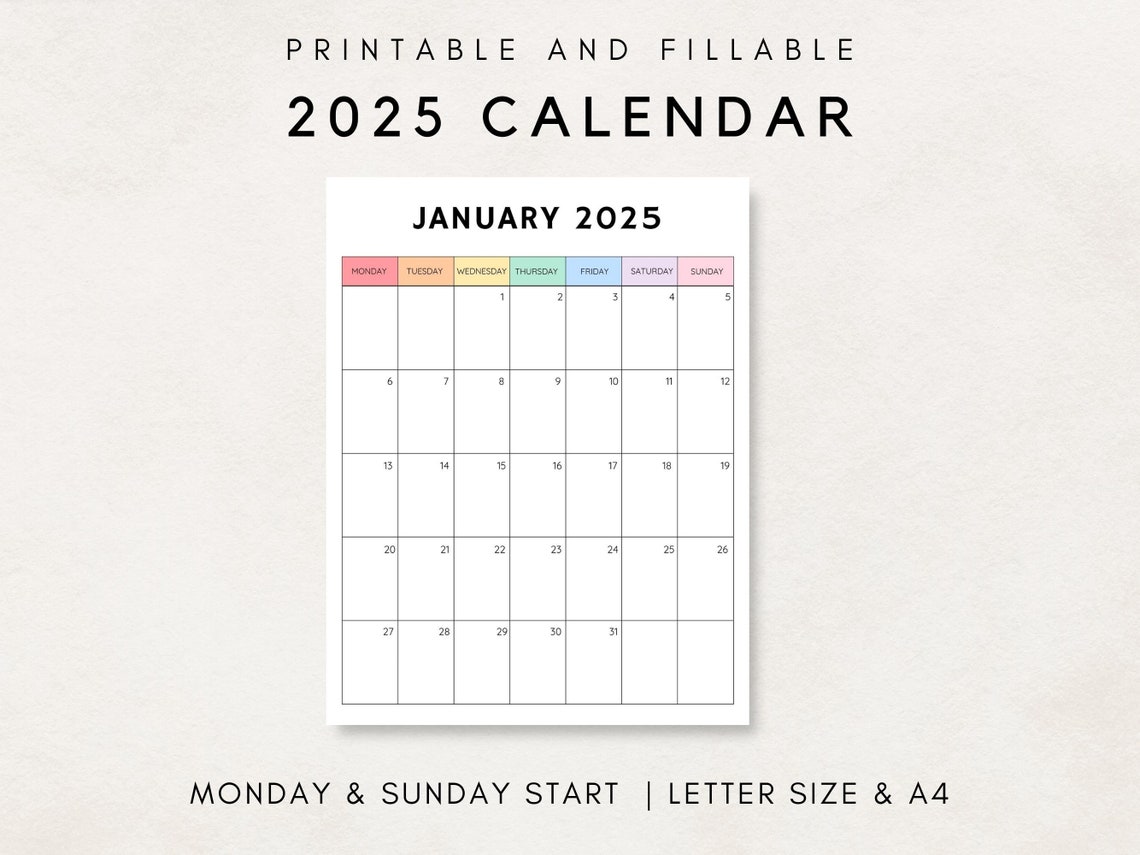 2025 Calendar Printable, Monthly Calendar 2025, Blank Calendar 2025