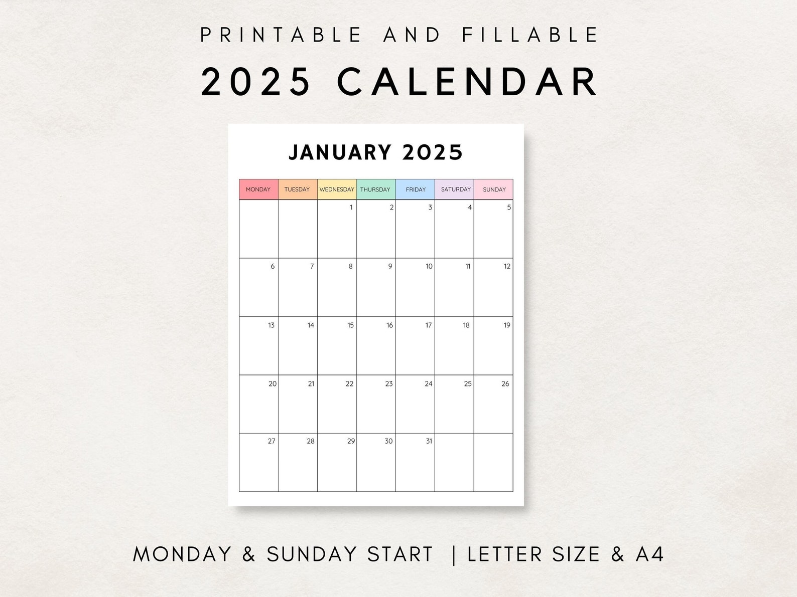 2025 Calendar Printable, Monthly Calendar 2025, Blank Calendar 2025, Calendar Template, 12 Month