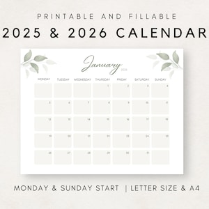 2025-2026 Calendar Printable, Monthly Calendar 2025 2026, Monthly Planner, Editable Calendar, Unique Wall Calendar, Botanical Calendar