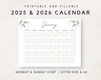 2025-2026 Calendar Printable, Monthly Calendar 2025 2026, Monthly Planner, Editable Calendar, Unique Wall Calendar, Botanical Calendar
