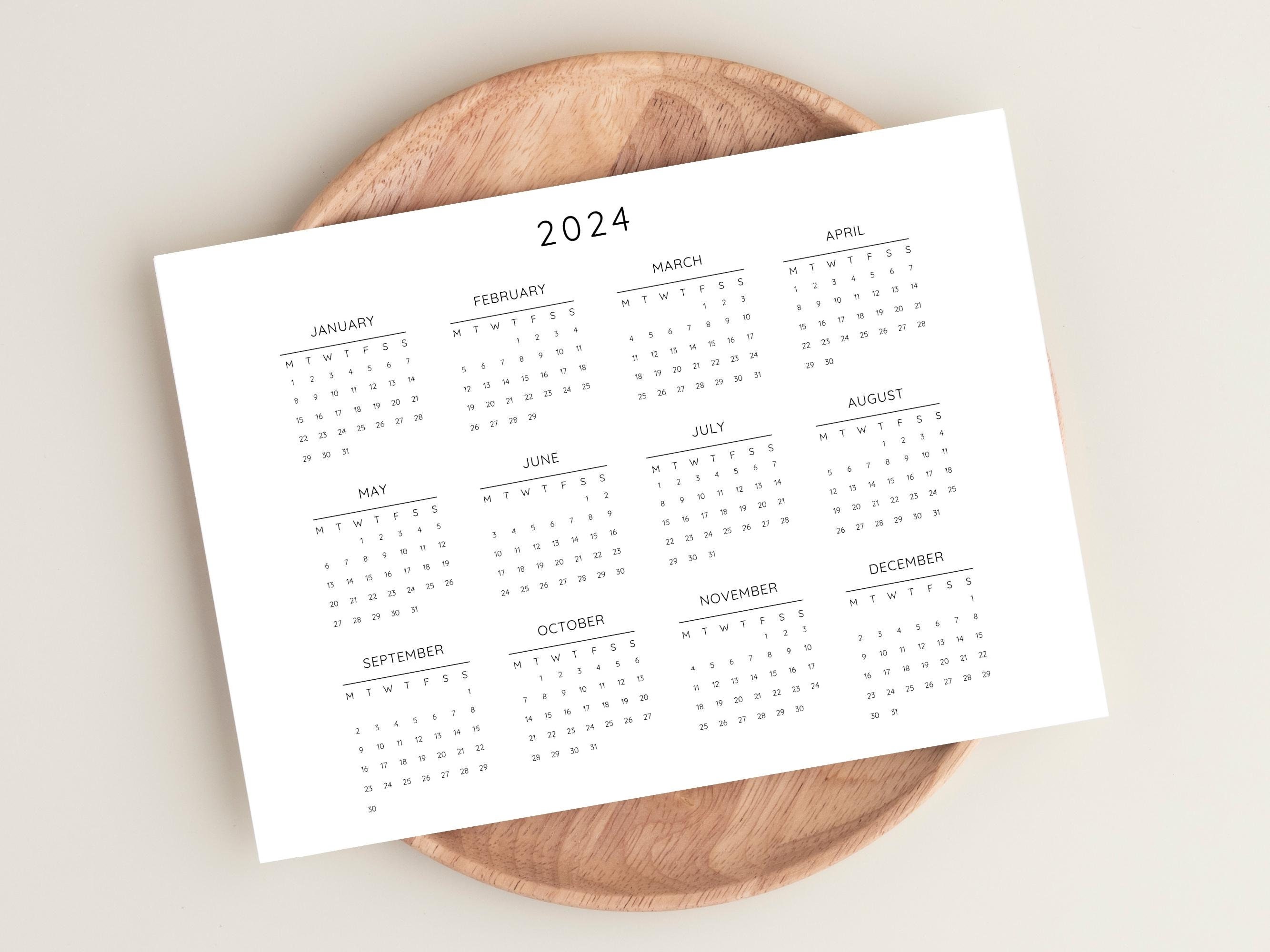 2024 Yearly Calendar, Printable Calendar, 2024 Calendar, Digital