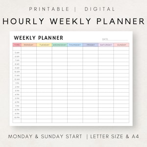 May include: A printable weekly planner with a pastel color scheme. The planner is divided into seven columns for each day of the week, with rows for each hour from 5 AM to 10 PM. The planner is labeled "Weekly Planner" and includes the days of the week: Monday, Tuesday, Wednesday, Thursday, Friday, Saturday, and Sunday. The planner also includes a space for the date. The text at the bottom of the planner reads "Monday & Sunday Start | Letter Size & A4".