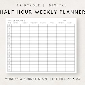 Half Hour Weekly Planner, Half Hour Schedule, Weekly Half Hourly Plan, Time Blocking, Weekly Time Sheet, Hour by Hour Planner, Weekly Plan