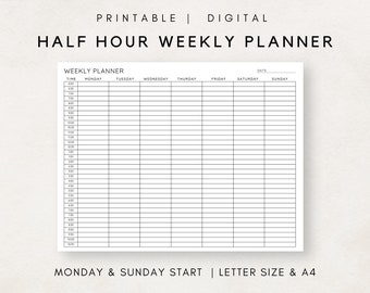 Half Hour Weekly Planner, Half Hour Schedule, Weekly Half Hourly Plan, Time Blocking, Weekly Time Sheet, Hour by Hour Planner, Weekly Plan
