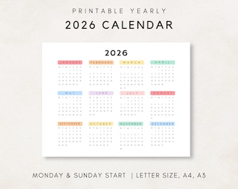 May include: Printable 2026 calendar with a colorful design. Each month is displayed in a separate box with a colored border. The calendar starts on Monday and ends on Sunday. The text "MONDAY & SUNDAY START | LETTER SIZE, A4, A3" is at the bottom of the calendar.