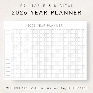 Pianificatore anno 2026 stampabile, Calendario di pianificazione annuale, Poster del calendario, Calendario digitale, Calendario 2026, Pianificatore 2026, Anno a colpo d'occhio