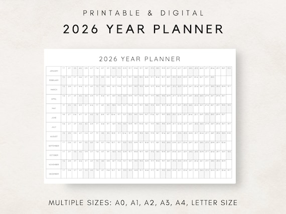 2026 Year Planner Printable, Yearly Planning Calendar, Calendar Poster, Digital Calendar, 2026 Calendar, 2026 Planner, Year at a glance