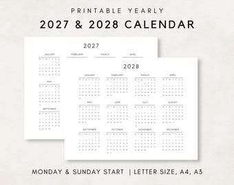 以下が含まれることがあります： 2027年と2028年の印刷可能な年間カレンダー。カレンダーはミニマリストスタイルで、背景は白、テキストは黒です。テキストには年、月、曜日が含まれています。カレンダーは月曜日と日曜日に始まり、レター、A4、A3サイズで利用できます。