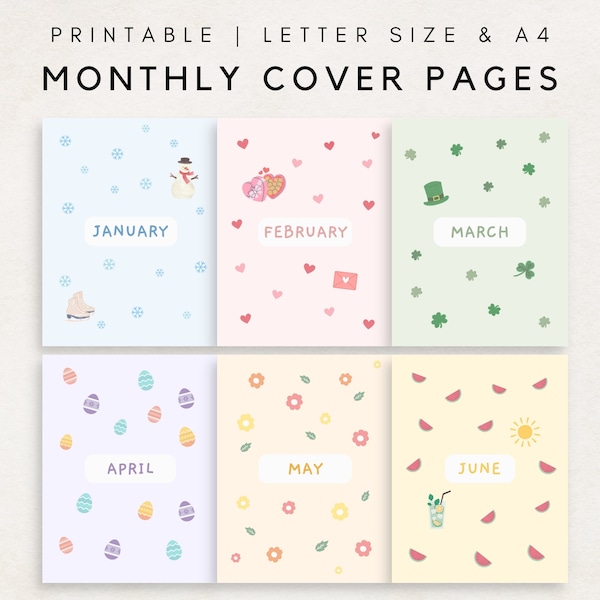 Monthly Cover Pages, Monthly Title Pages, 12 Month Cover Pages, Monthly Planner, Bullet Journal, Planner Insert, Journal Cover, Monthly