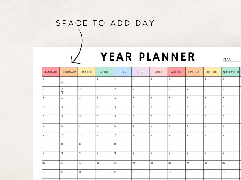 Yearly Planner on 1 Page, Year at a Glance, Undated Full Year Calendar ...