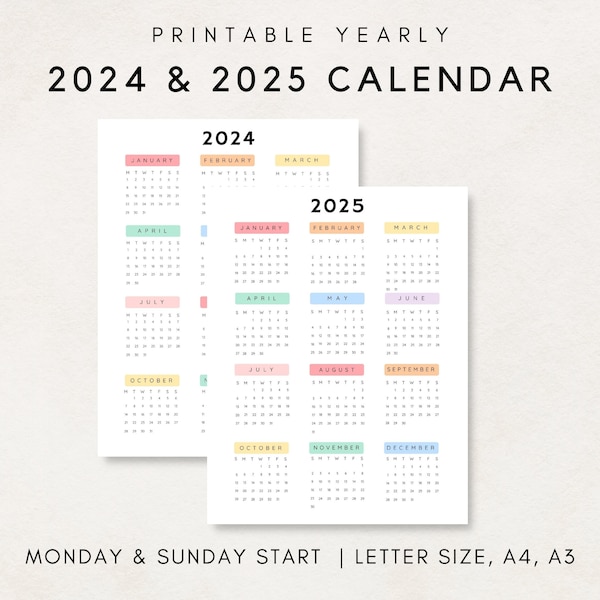 2024-2025 Yearly Calendar, Printable Calendar, 2024-2025 Calendar, Digital Calendar, Yearly wall Calendar, Year at a glance, Annual Calendar