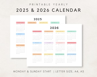2025-2026 Yearly Calendar Printable, 2025-2026 Calendar, 2025-2026 Digital Calendar, Yearly wall Calendar, 2025 2026 Annual Calendar