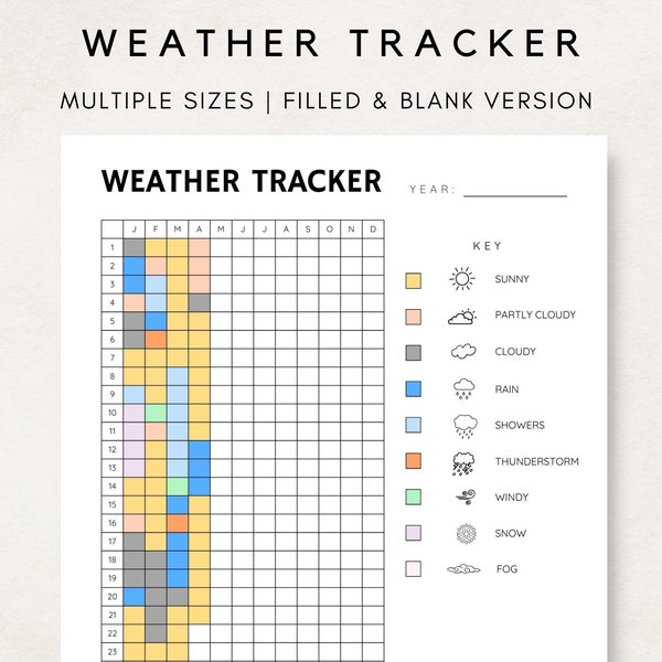 Weather Tracker, Weather Log, Weather Planner, Weather Printable, Yearly Tracker, Bullet Journal, Climate Log, Printable Weather Calendar