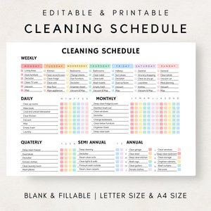 May include: Printable cleaning schedule checklist with a colorful rainbow design. The checklist includes daily, weekly, monthly, quarterly, semi-annual, and annual cleaning tasks. The tasks are organized by frequency and include general cleaning, deep cleaning, and organization.