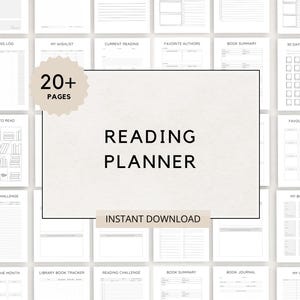 May include: A printable reading planner with 20+ pages. The planner includes pages for tracking books to read, favorite authors, reading challenges, and more. The text "READING PLANNER" is in large, bold letters at the center of the image.