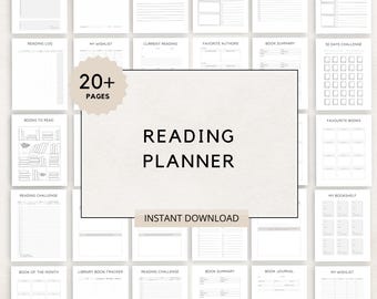 May include: A printable reading planner with 20+ pages. The planner includes pages for tracking books to read, favorite authors, reading challenges, and more. The text "READING PLANNER" is in large, bold letters at the center of the image.