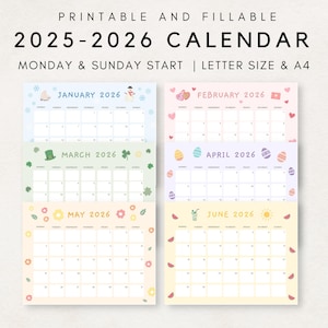 Cute 2025-2026 Calendar Printable, Monthly Calendar 2025-2026, 2025-2026 Planner, Monthly Planner, Aesthetic Calendar, Editable Calendar
