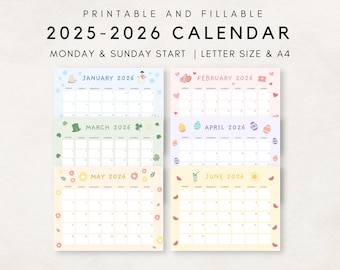 Cute 2025-2026 Calendar Printable, Monthly Calendar 2025-2026, 2025-2026 Planner, Monthly Planner, Aesthetic Calendar, Editable Calendar