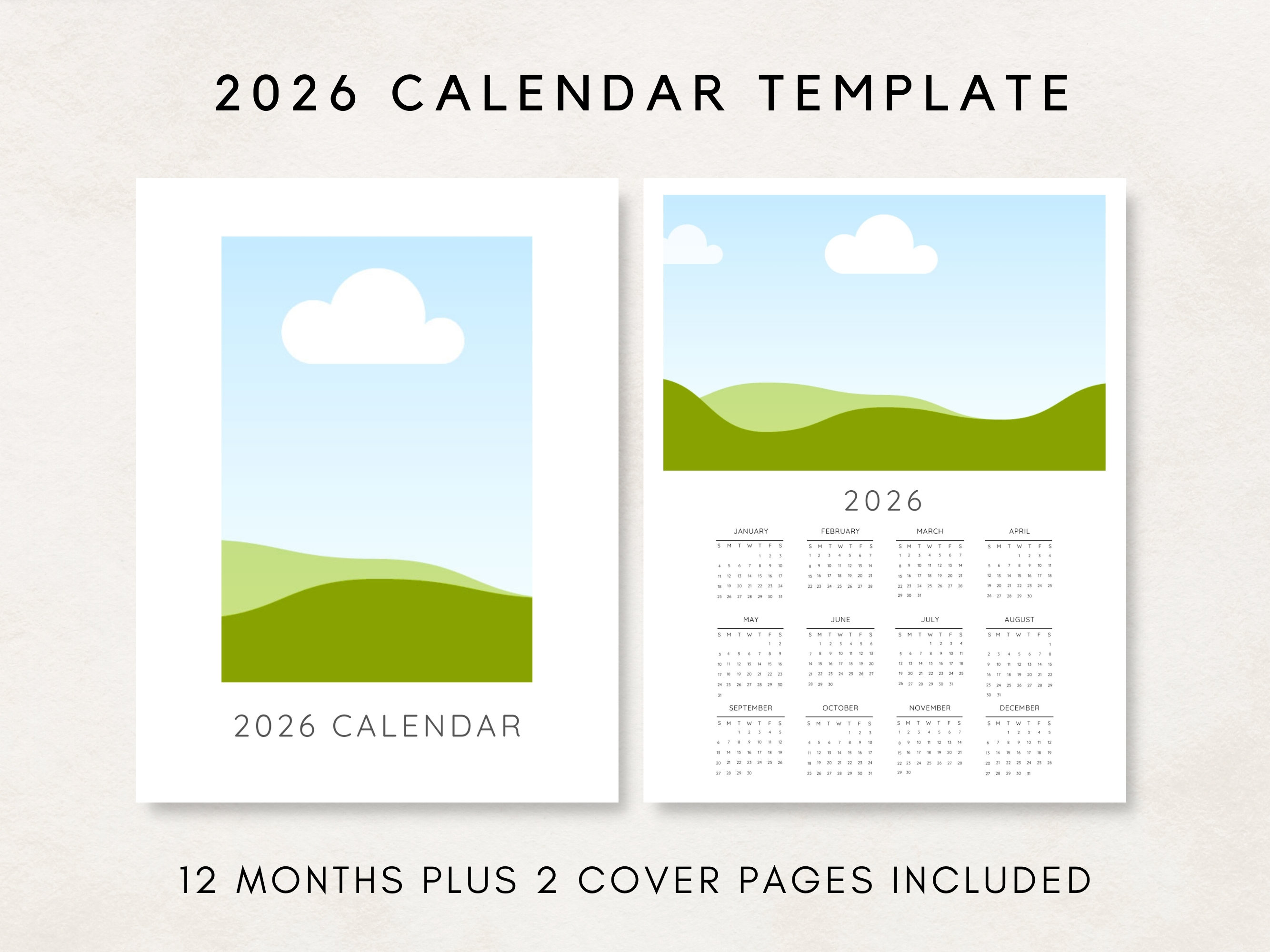 2026 Calendar Template, 2026 Photo Calendar, 2026 Wall Calendar, Blank