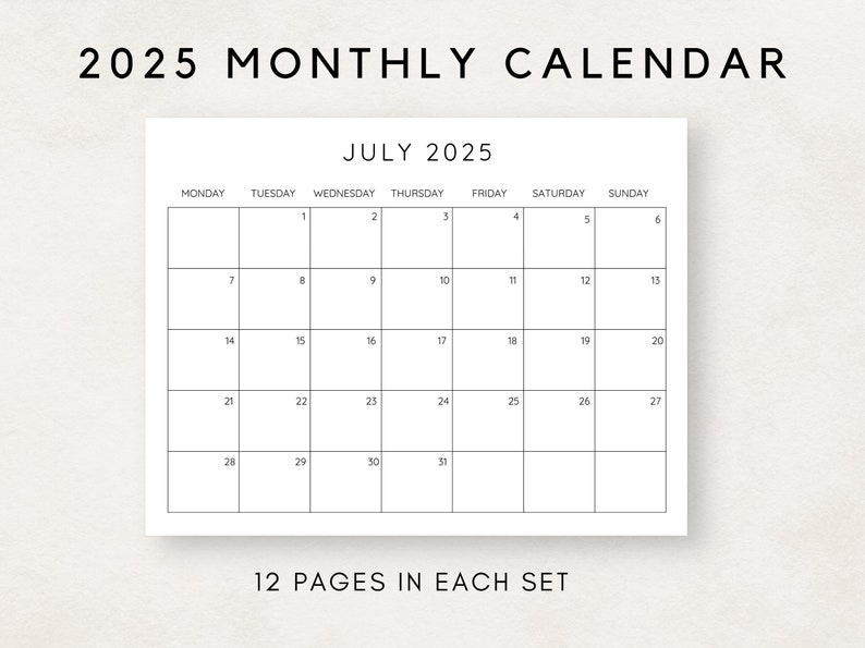2025 Calendar Printable, Monthly Calendar 2025, Fillable Calendar, 2025