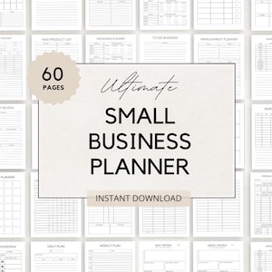 Puede incluir: Un planificador de negocios pequeño imprimible con 60 páginas. El planificador incluye páginas para presupuesto mensual, lista de nuevos productos, planificador de empaque, tareas para el negocio, planificador de mejoras, finanzas anuales, revisión mensual, planificador mensual, registro de inventario, descripción general del negocio, plan diario, plan semanal y revisión diaria.