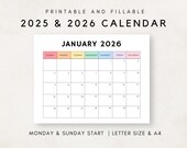 Monthly Calendar 2025-2026, 2025- 2026 Calendar Printable, Calendar Template, 12 Month Calendar, Month at a glance, 2025- 2026 Planner
