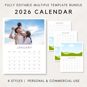2026 Calendar Template, 2026 Photo Calendar, 2026 Wall Calendar, Blank Calendar, PLR Calendar, 2026 Editable Calendar, DIY Calendar