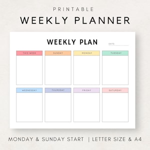 May include: Printable weekly planner with a colorful design. Each day of the week is represented by a different color and has a blank space for writing. The planner has the text "MONDAY & SUNDAY START | LETTER SIZE & A4" at the bottom.