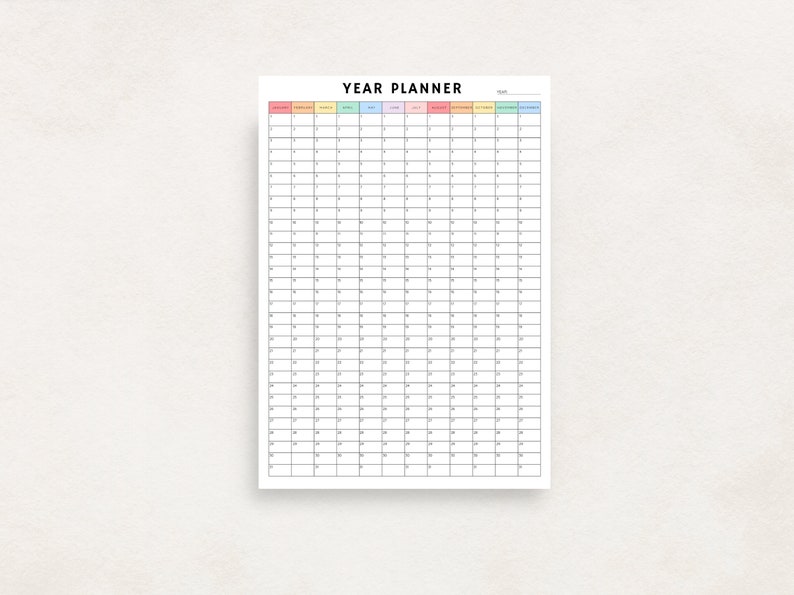 Yearly Planner on 1 Page, Year at a Glance, Undated Full Year Calendar ...