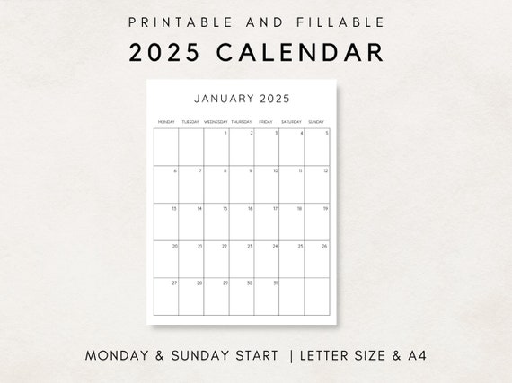 Minimalist Calendar 2025, Printable Calendar 2025, Monthly Calendar 2025, 2025 Planner, Month at a glance, Monthly Planner, Clean Calendar