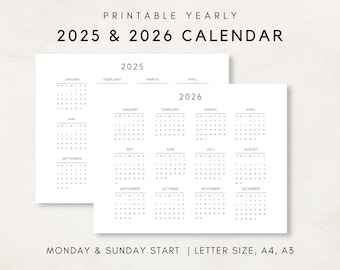 2025-2026 Yearly Calendar, Printable Calendar, 2025-2026 Calendar, Digital Calendar, Yearly wall Calendar, Year at a glance, Annual Calendar