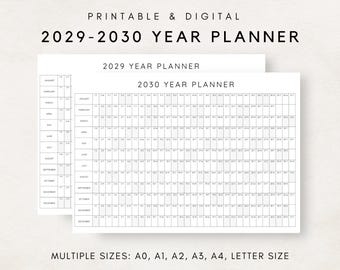 Planificador anual 2029-2030, Calendario de planificación anual, Póster de calendario, Calendario digital 2029-2030, Calendario 2029-2030, Plan imprimible 2029-2030