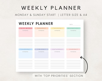 Weekly Planner Printable, Weekly Schedule, Weekly Agenda, Week at a glance, Undated Weekly Planner, Priority Planner, Weekly Organiser