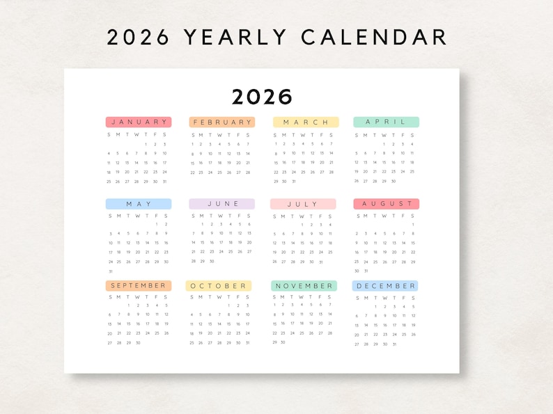 2026 Yearly Calendar, Printable Calendar, 2026 Calendar, 2026 Digital