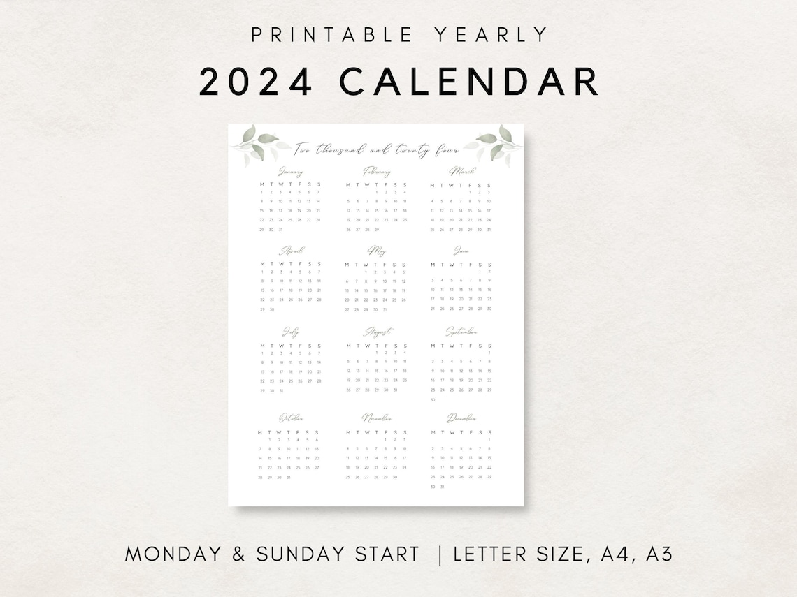 2024 Yearly Calendar Printable, Yearly Calendar Poster, 2024 Calendar, Yearly Wall Calendar