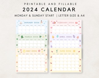 Cute 2024 Calendar Printable, Monthly Calendar 2024, 2024 Planner, Monthly Planner 2024, Aesthetic Calendar, Editable Calendar