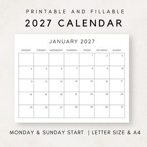 May include: A printable and fillable 2027 calendar for January, with a Monday and Sunday start. The calendar is in letter size and A4 format. The calendar has a simple, minimalist design with black text on a white background.