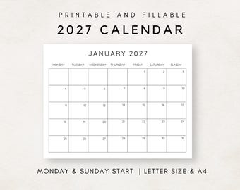 Puede incluir: Calendario imprimible y rellenable de 2027 para enero, con inicio en lunes y domingo. El calendario está en formato A4. El calendario tiene un diseño sencillo y minimalista con texto negro sobre fondo blanco.
