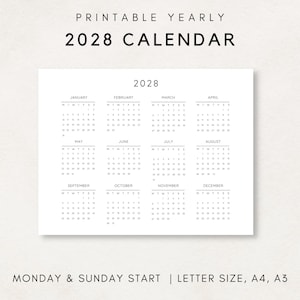 2028 Yearly Calendar, Printable Calendar, 2028 Calendar, Digital Calendar, Yearly wall Calendar, Year at a glance, 2028 Annual Calendar