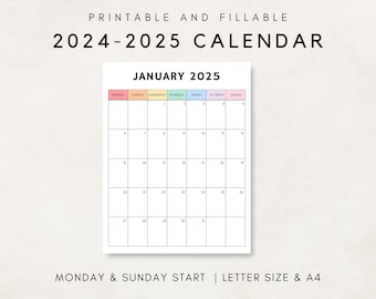 Calendario 2024- 2025 Imprimible, Calendario Mensual 2024- 2025, Plantilla de Calendario, Calendario de 12 Meses, Mes de un vistazo, Planificador 2024- 2025