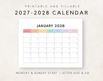 Monthly Calendar 2027-2028, 2027- 2028 Calendar Printable, Calendar Template, 12 Month Calendar, Month at a glance, 2027- 2028 Planner