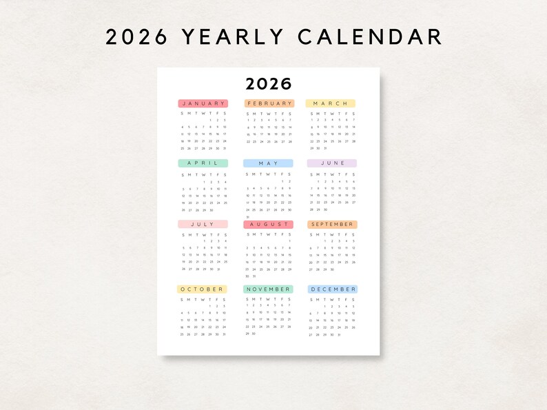 Plan ahead with this 2026 Yearly Calendar Printable! This digital download offers an annual calendar to stay organized throughout the year.
