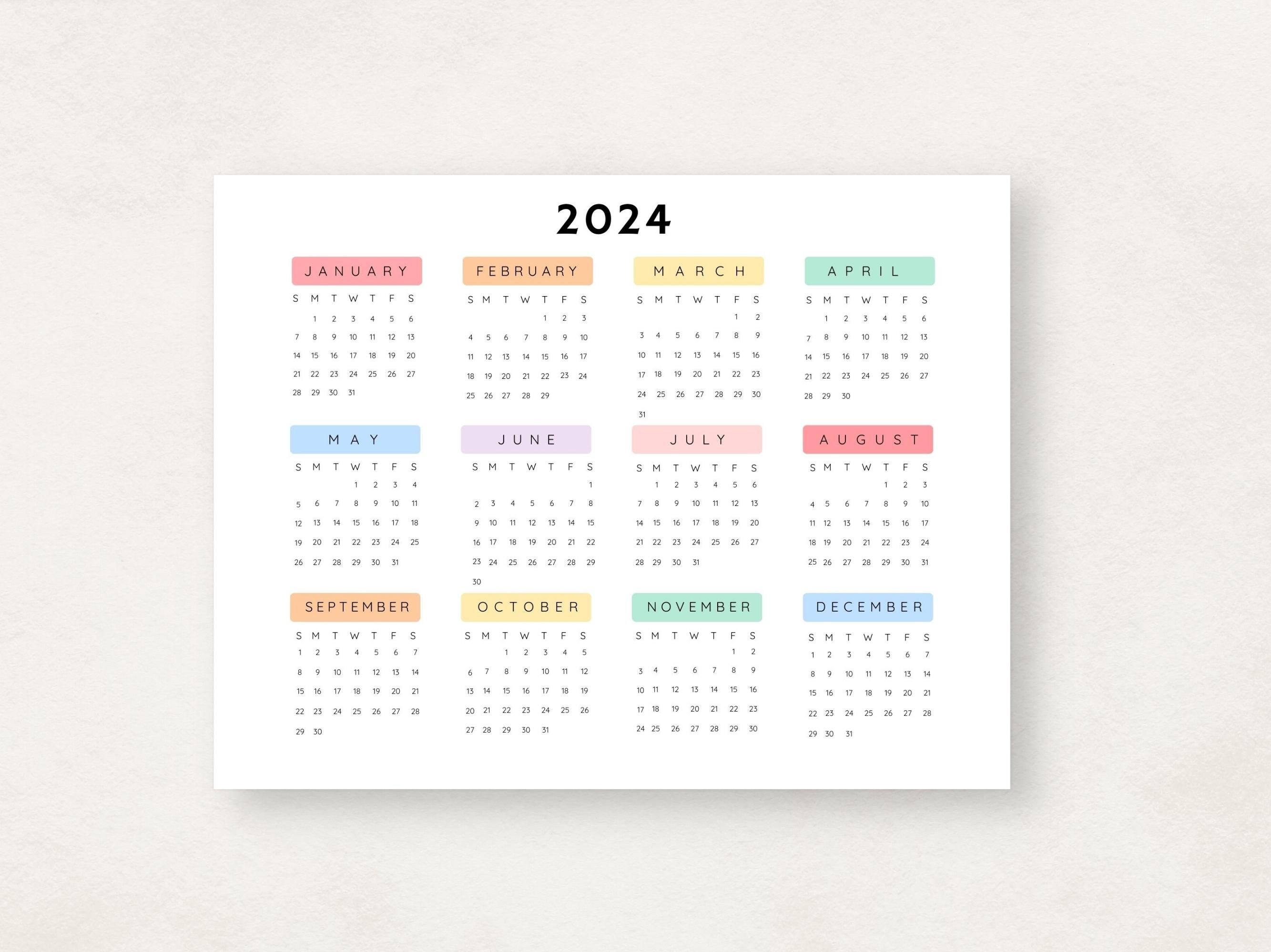 2024 Yearly Calendar, Printable Calendar, 2024 Calendar, Digital