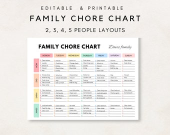 Family Chore Chart Printable, Editable Family Planner, Family Chores, Printable Chore Chart, Adult Chore Chart, Weekly Family Schedule