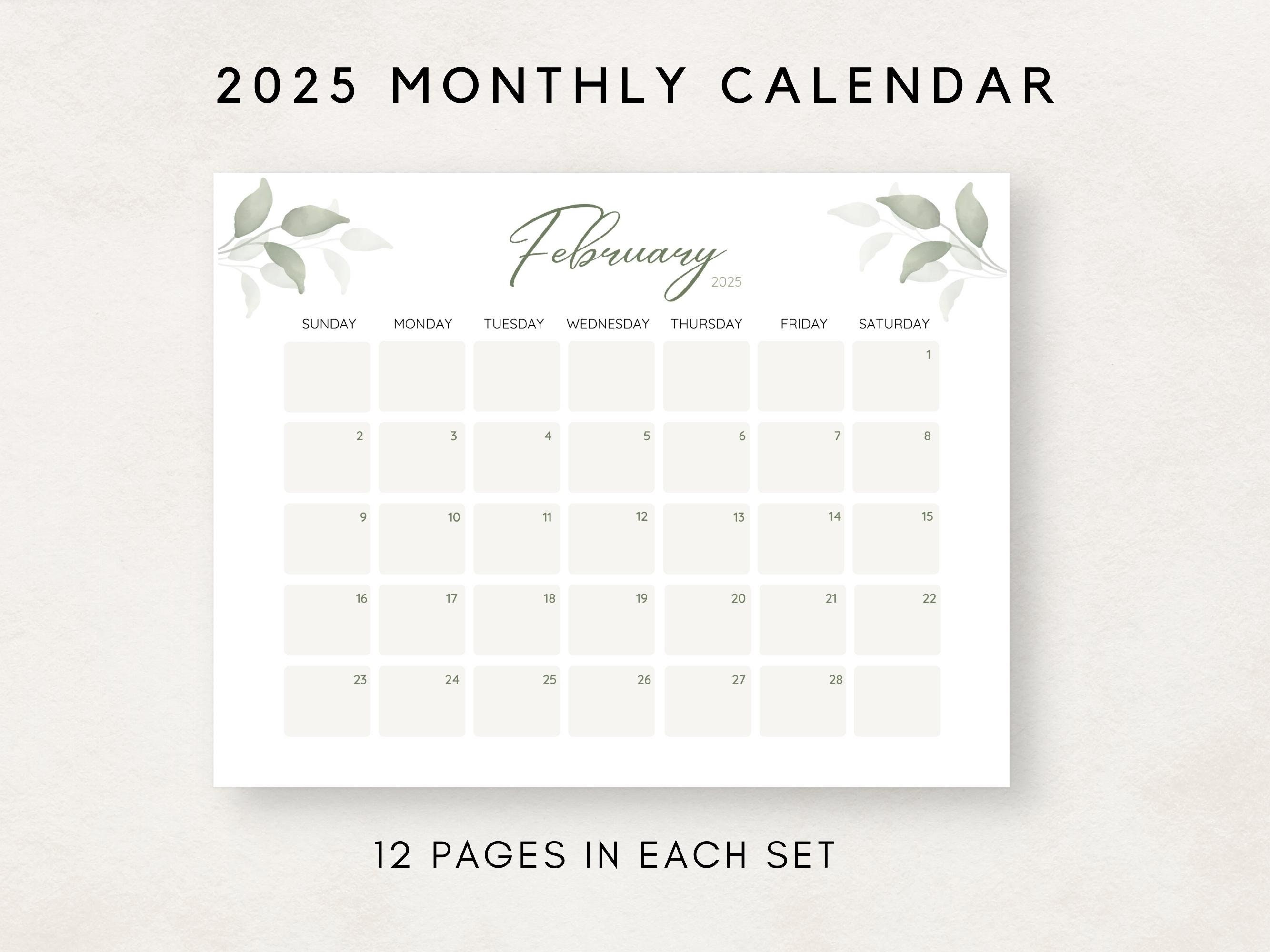 Printable Calendar 2025, Botanical Calendar Printable, 2025 Calendar Printable, Monthly Calendar
