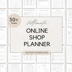 Puede incluir: Un planificador de tienda online imprimible con más de 50 páginas. El planificador incluye secciones para la descripción general del negocio, la lista de nuevos productos, los cupones y las promociones, los ingresos de un vistazo, la lista de tareas pendientes, los productos digitales 101, tu tienda, la propuesta de valor, el formulario de pedido, los suministros de la tienda, el análisis FODA, el inventario de la tienda y la lista de verificación.