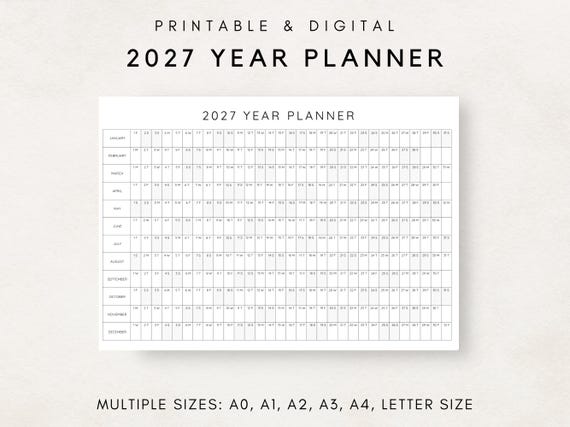 2027 Year Planner Printable, Yearly Planning Calendar, Calendar Poster, 2027 Digital Calendar, 2027 Calendar, 2027 Planner, Year at a glance
