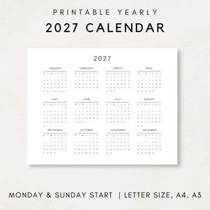 2027 Yearly Calendar, Printable Calendar, 2027 Calendar, Digital Calendar, Yearly wall Calendar, Year at a glance, 2027 Annual Calendar
